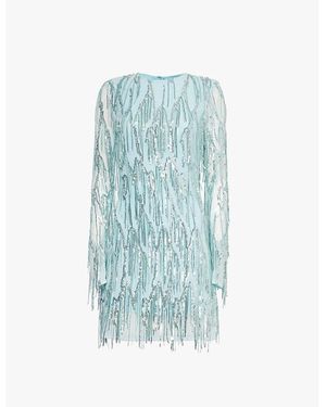 ROTATE BIRGER CHRISTENSEN Sequin-Tassel Long-Sleeve Recycled-Polyester Mesh Mini Dress - Blue
