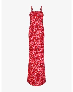 OMNES Jules Leaf-Print Satin Maxi Dress - Red