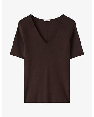 JOSEPH Elly V-Neck Short-Sleeve Stretch Silk-Blend Top - Brown