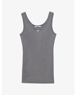 Prada Logo-Plaque Ribbed-Knit Cotton Tank Top - Grey