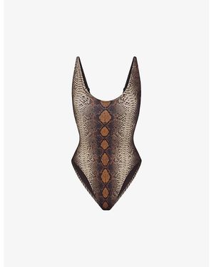 Skims Signature Swim Snake-Print Stretch Recycled-Nylon Swimsuit - Brown
