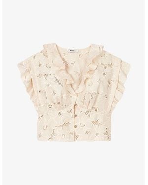 Sandro Frill-Trim Lace-Embroidered Cotton-Blend Top - Natural
