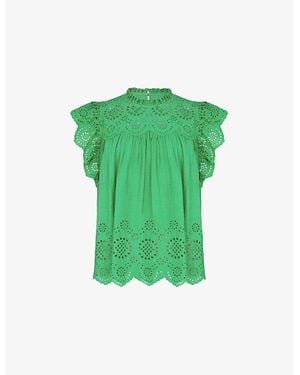 Ro&zo Flutter-Sleeved Broderie-Pattern Cotton Blouse - Green