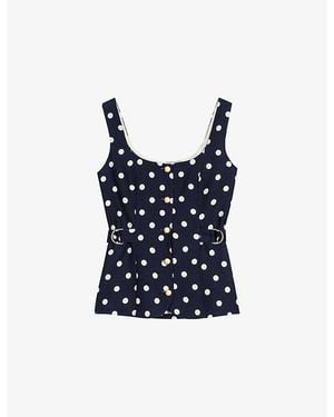 Maje Polka Dot-Pattern Button-Embellished Linen-Blend Top - Blue