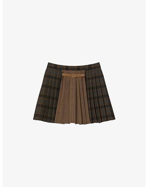 Sandro Checked Pleated Woven Mini Skirt - Brown