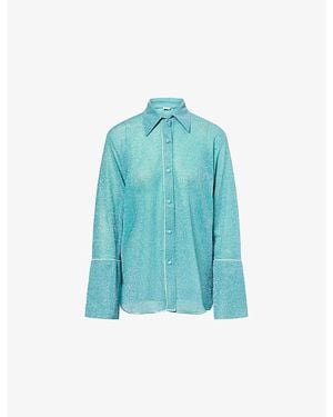 Oséree Lumiere Long-Sleeve Metallic Knit Shirt - Blue