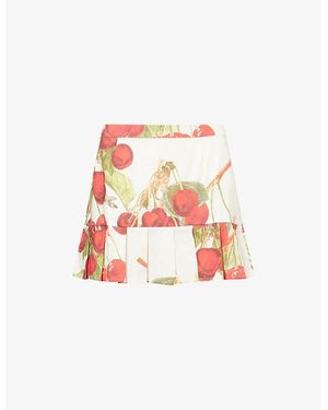 House Of Sunny Cherry-Print Pleated Cotton-And-Linen Mini Skirt - Red