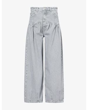Ganni Gathered-Trim Wide-Leg Denim Jeans - Grey