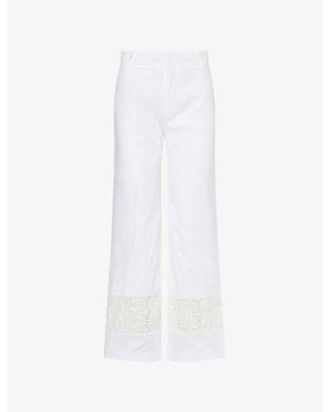 D'Estree Open-Cut Embroidered-Hem Straight-Leg Cotton Trousers - White