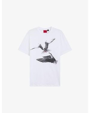 HUGO Bird-Print Short-Sleeved Cotton-Jersey T-Shirt - White