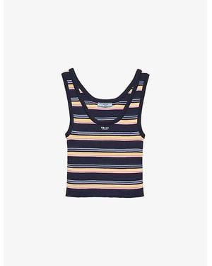 Prada Brand-Embroidered Striped Cotton Tank Top - Blue