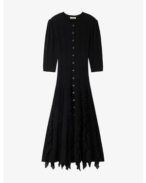Sandro Ruffled-Trim Ribbed-Knit Stretch-Woven Maxi Dress - Black