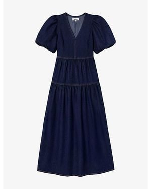 Ro&zo V-Neck Puff-Sleeve Denim Maxi Dress - Blue