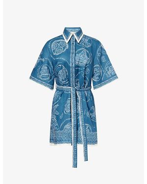 ALÉMAIS Lucky Belted Linen Mini Dress - Blue