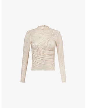 Self-Portrait Rhinestone-Embellished Gathered Mesh Top - White