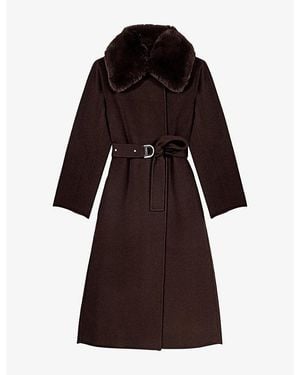Maje Faux Fur-Collar Belted Wool-Blend Coat - Brown