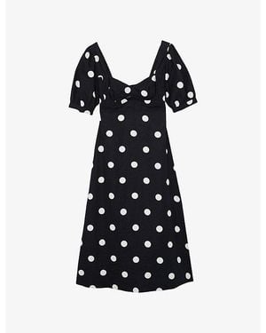 Reiss Astrid Puff-Sleeve Polka-Dot Linen Midi Dress - Blue