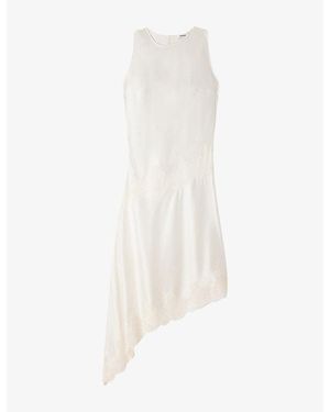 Sandro Asymmetric Lace-Trim Satin Midi Dress - White