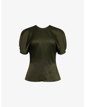 Victoria Beckham Split-Short-Sleeves Round-Neck Woven Top - Green