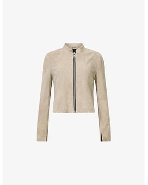 AllSaints Sadler Round-Neck Slim-Fit Suede Jacket - Natural