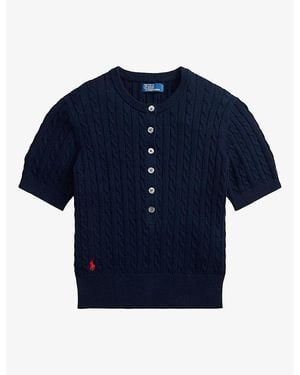 Polo Ralph Lauren Brand-Embroidered Cable-Knitted Cotton Jumper - Blue