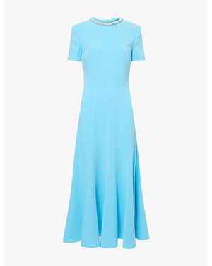 Roland Mouret Pearl-Neckline Short-Sleeve Woven Midi Dress - Blue