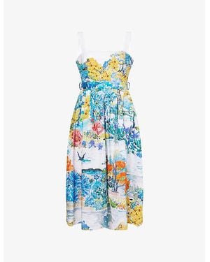 Mary Katrantzou Iris Belted Cotton-Poplin Midi Dress - Blue
