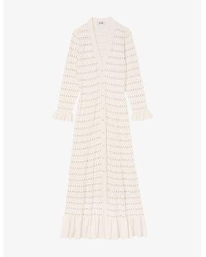 Sandro Long-Sleeve V-Neck Pointelle-Knit Maxi Dress - White