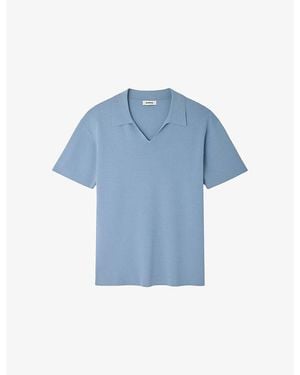 Sandro Open-Collar Short-Sleeve Knitted Polo - Blue