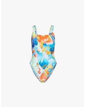 Seafolly Aquarius Square-Neck Graphic-Print Swimsuit - Blue