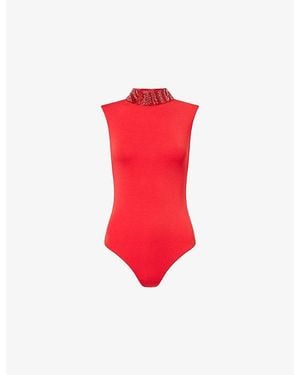 GRACE FAENA Zebra Pearl-Embellished Leather And Silk-Jersey Top - Red
