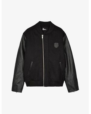 The Kooples Brand-Patch Leather-Sleeve Wool-Blend Jacket - Black