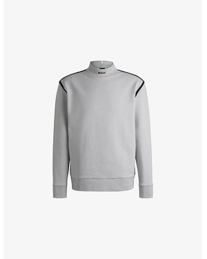 BOSS Rubberised-Branding Striped-Trim Stretch Cotton-Blend Sweatshirt - Grey