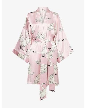 Olivia Von Halle Mimi Swan-Print Silk Robe - Pink