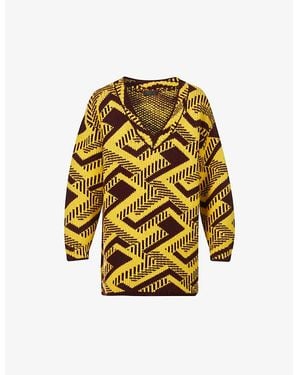 Prada Geometric-Pattern V-Neck Knitted Jumper - Yellow