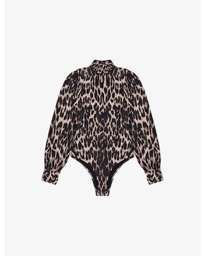 Ro&zo Leopard-Print Puff-Sleeve Woven Bodysuit - Black
