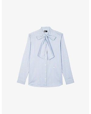 The Kooples Striped Tie-Neck Stretch Cotton-Blend Shirt - Blue
