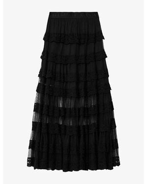 AllSaints Maggie Logo-Waist Tiered Woven Maxi Skirt - Black