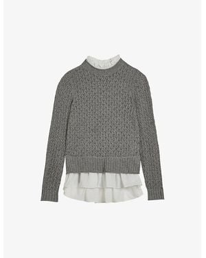 Ted Baker Holina Ruffle-neck Shirt-hem Knitted Sweater - Gray