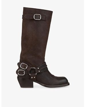 Sandro Buckle Suede Heeled Knee-High Boots - Brown