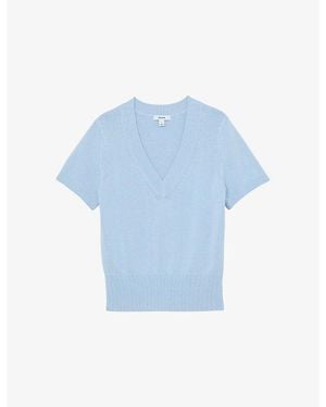 Reiss Valerie V-Neck Cotton And Wool-Blend Knitted Top - Blue