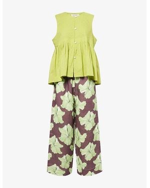 Desmond & Dempsey Pleated Cotton Cami And Trouser Pyjama Set - Green