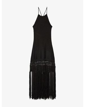 The Kooples Sleeveless Fringed-Hem Stretch-Woven Maxi Dress - Black