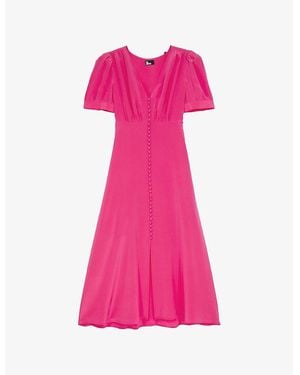 The Kooples Buttoned V-Neck Silk Midi Dress - Pink