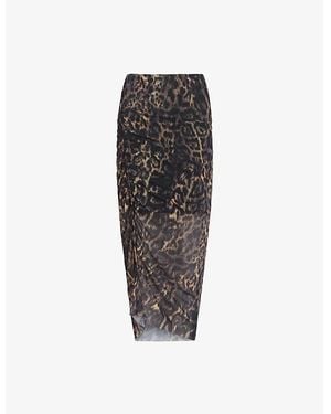 AllSaints Nora Leopard-Print Mesh Midi Skirt - Black