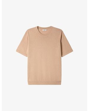 Sandro Crew Neck Cotton-Silk Knitted T-Shirt - Natural