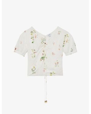 Reiss Quinny Floral-Print Linen-Blend Top - White