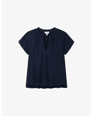 The White Company Frill-Trim Short-Sleeve Linen-Jersey Blouse - Blue
