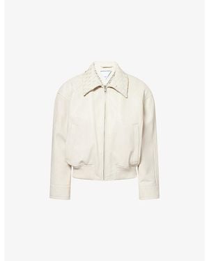 Bottega Veneta Intrecciato-Collar Leather Bomber Jacket - White
