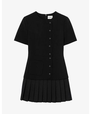 Claudie Pierlot Button-Embellished Pleated-Hem Woven Mini Dress - Black